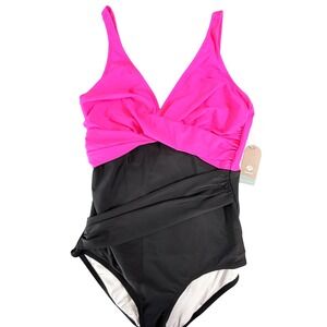 Smismivo Womens One Piece Swimsuit Pink Black Ruched Tummy Control V Neck Size L